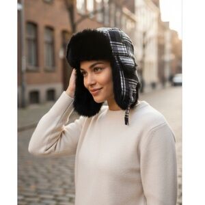 Mad Bomber Black Aviator Pilot Bomber Hat Rabbit Fur Trapper Hunt Cap